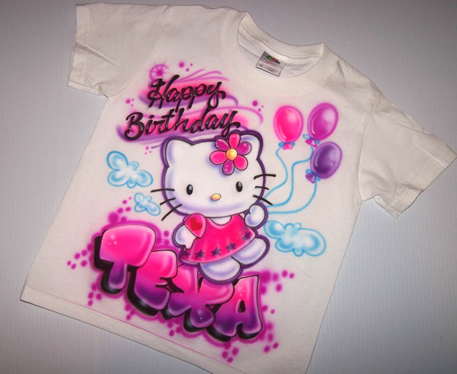 Airbrushed Birthday Kitty Personalized T Shirt W/ Balloons & - Etsy