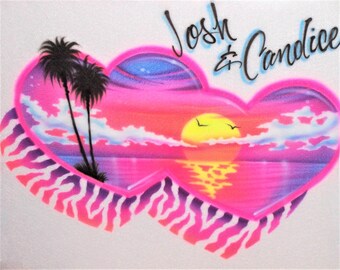 Airbrushed Double Heart Sunset Beach Scene Custom T-Shirt with Zebra Print Shadow. Bright & Colorful Personalized Couples Love Design.