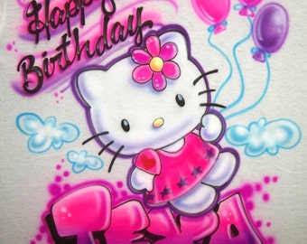 Airbrushed Birthday Kitty Personalized  T Shirt w/ Balloons & Any Name.