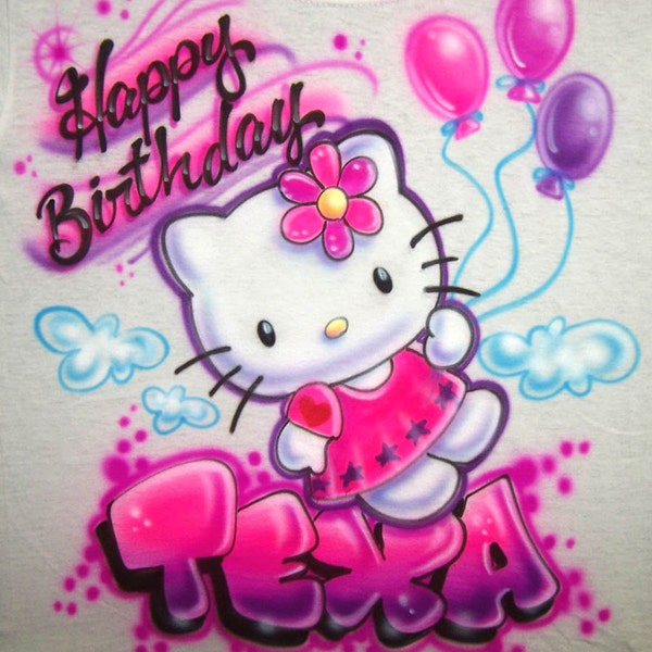 Airbrushed Birthday Kitty Personalized  T Shirt w/ Balloons & Any Name.