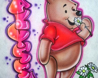 Airbrushed  Pooh Teddy Bear T Shirt Painted with Any Name.