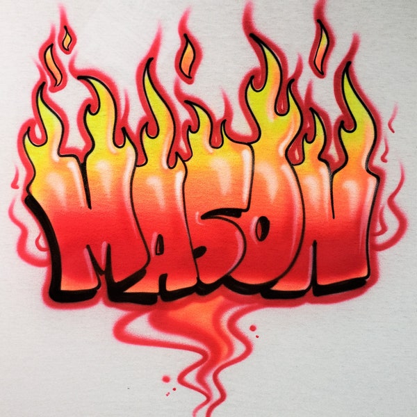 Airbrushed Graffiti Name with Flames in Bright Red and Oranges Custom Personalized T-Shirt