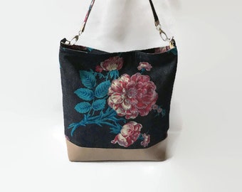 Denim Tote Bag, Floral Shoulder Bag, Large Carry Bag