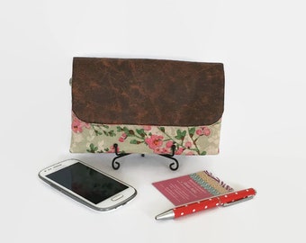 Cherry Blossom Clutch Wallet, Green Floral Ladies Purse