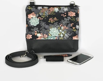 Small Grey Cross body Bag, Floral Sling Bag, Small Messenger Bag, Oriental Print Purse