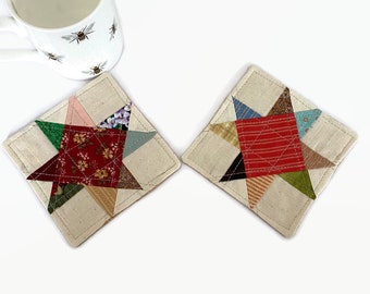 Two Patchwork Quilt Coasters, Rustic Mug Rugs