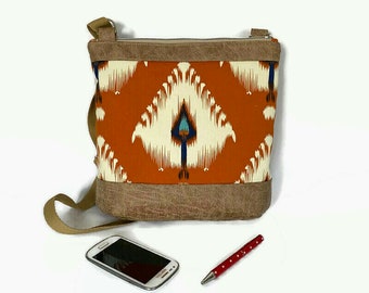 Medium Orange Tribal Print  Cross Body Purse, Jasmine Sling Bag