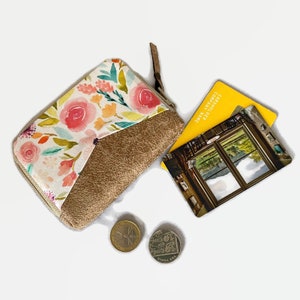 Mini portefeuille floral pour femme, petit sac à main rond zippé fleurs aquarelles