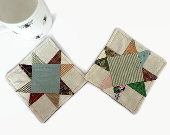 Two Patchwork Quilt Coasters, Rustic Mug Rugs