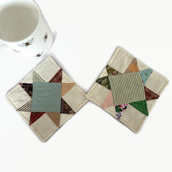 Two Patchwork Quilt Coasters, Rustic Mug Rugs