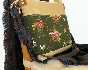 Green Floral Crossbody Bag, Medium Messenger Purse