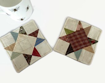 Two Patchwork Quilt Coasters, Rustic Mug Rugs