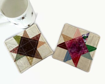 Two Patchwork Quilt Coasters, Rustic Mug Rugs