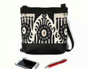 Medium Monochrome Tribal Print  Cross Body Purse, Black and White Jasmine Sling Bag