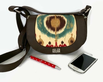 Small Tribal Print Saddle Bag, Brown Cross Body Purse