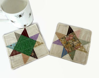 Two Patchwork Quilt Coasters, Rustic Mug Rugs