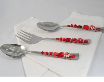 3 piece beaded serving utensils, hostess set, buffet server set, three piece dining utensils, serving spoons with meat fork, holiday gifts