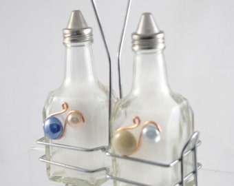 Beaded Glass Cruet Set, Oil and Vinegar Bottles with Caddy