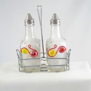 Salad dressing set, cruet set with caddy, cruet bottles, beaded cruets, oil and vinegar set with stand, glass condiment cruet set,