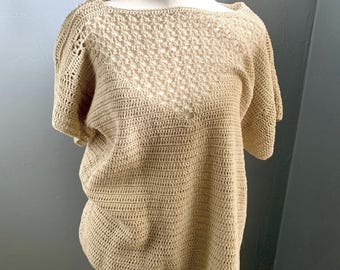 Breezy summer top, neutral color lightweight sweater, crocheted boatneck sweater