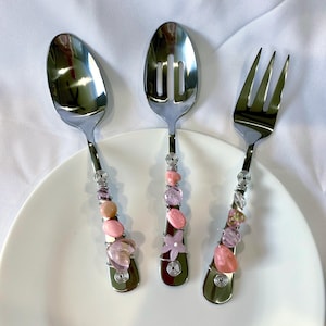 3 piece beaded hostess set, buffet server set, three piece serving utensils, serving spoon, slotted spoon and fork, Spring wedding gifts
