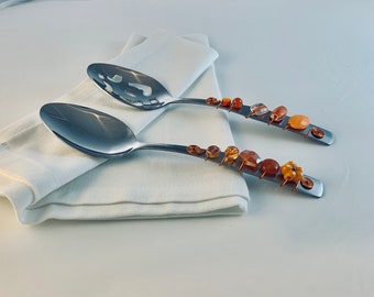 Salad set, serving spoon set, beaded spoon set, 2 piece serving set, salad utensils, slotted spoon, hostess gift