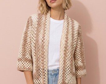 Calming beige Crochet Cardigan: On-trend granny stitch, cropped fit, and bell sleeves!  Handcrafted, Soft lightweight acrylic is seasonless.