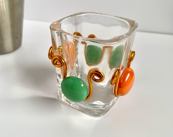 Beaded glass shot glass, toothpick holder, square glass  pick holder, colorful bar essential