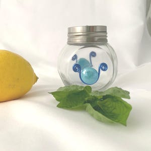Beaded Glass Shaker for cheese or spices, Reusable shaker, Spice Bottle, Shaker jar, condiment jar with adjustable lid