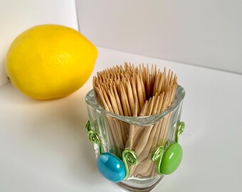 Beaded glass shot glass, toothpick holder, square glass  pick holder, colorful bar essential