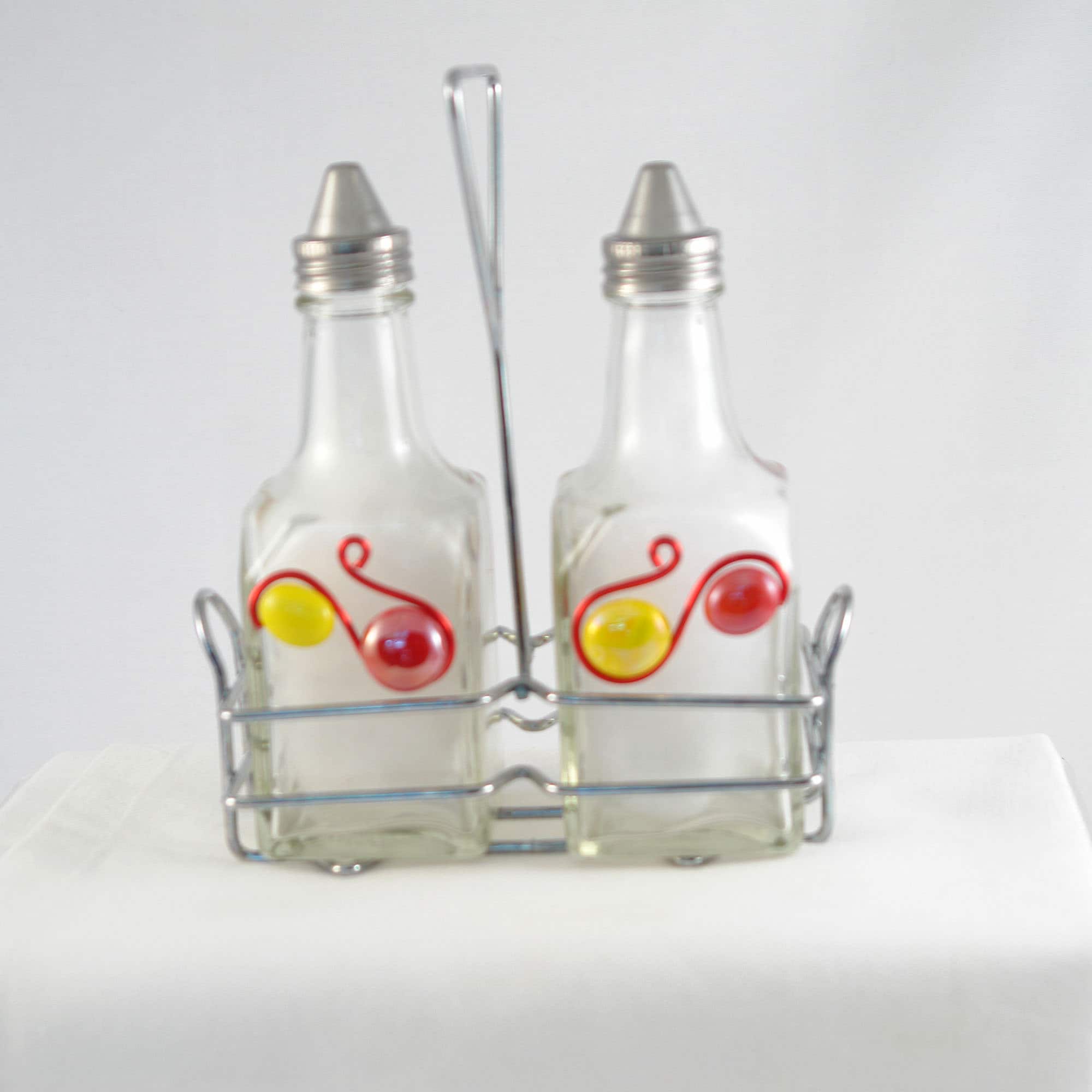 Salad Dressing Set, Cruet Set With Caddy, Cruet Bottles, Beaded Cruets