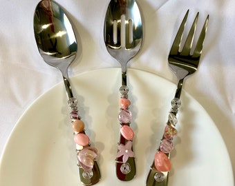 3 piece beaded hostess set, buffet server set, three piece serving utensils, serving spoon, slotted spoon and fork, Spring wedding gifts