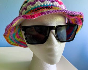 Handmade Rainbow Striped Crochet Bucket Hat, Boho chic
