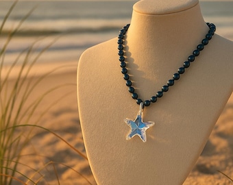 Sparkling Crystal Starfish Necklace: Elegant glass pearls and crystal. Perfect for beach weddings, bridesmaids, or coastal style!