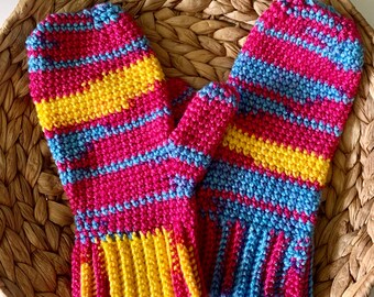 Festival striped Mittens, Handmade Knit Cold Weather Mittens, knit hand warmers, crocheted winter mittens