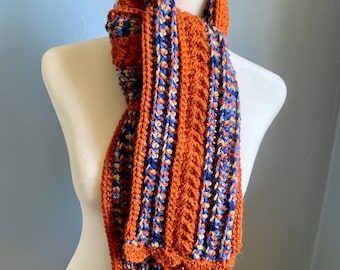 Crocheted Wheat Stripe Scarf - Nutmeg Brown & Blue
