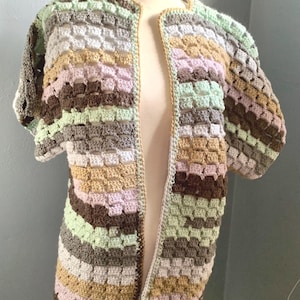 Harlequin Dreams short sleeve cardigan, open weave block stitch vest, loose open front cardigan