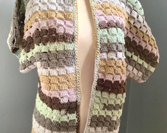 Crocheted Harlequin Dreams Cardigan, Short Sleeve Open Weave Vest