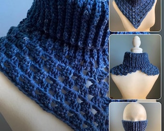 Denim Blue Crocheted Turtleneck Cowl, Granny Knit Neck Warmer