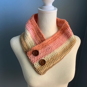 Dare to Cozy: Peach-Cream Striped Pull-Over Cowl with Wooden Button Accent – Lightweight, Trendy, and Boldly Warm