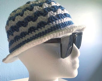 Summer knit bucket hat, Crocheted sun hat, nautical brimmed hat to keep out the sun