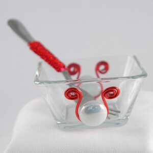 Condiment dish with beaded serving utensil, glass candy dish, olive bowl for the bar, condiment bowl with spoon, Dip Set
