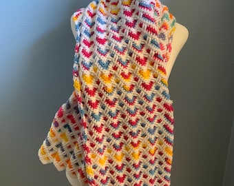 Hearts and Waves Crocheted Scarf, Rainbow Acrylic Knit