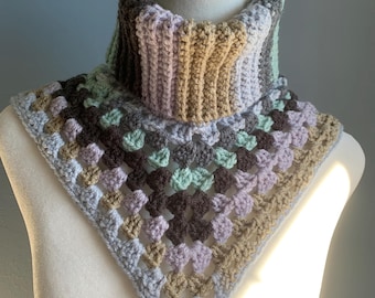 Happy Harlequin Crocheted Turtleneck Cowl, Rolled Collar Neck Warmer, Winter Dickie