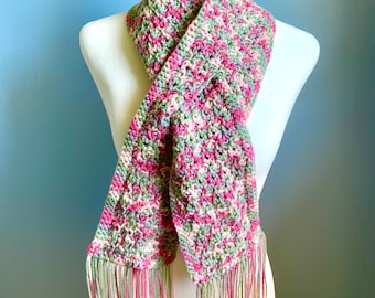 Handmade Crocheted Keyhole Scarf, Pink Multi-Striped Winter Neck Warmer