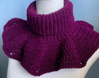 Wine and Ruffles turtleneck cowl, pullover neck warmer, crocheted turtleneck collar, granny knit neck scarf, rolled collar shoulder wrap