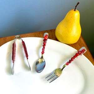 Appetizer or Charcuterie 3 piece serving set, boxed hostess set, beaded serving pieces, red serving pieces, relish tray servers