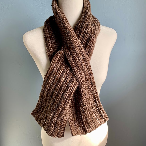 Handmade pull thru scarf, keyhole scarf, lightweight crocheted scarf, dark brown tweed neck warmer, Men's scarf, feather stitch scarf