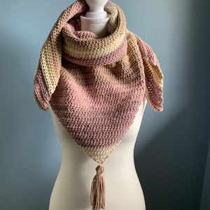 Triangular crocheted wrap, warm weave wrap, triangle shawl, Fall wrap, snuggle wrap, prayer shawl, beige blush shawl,ombre patten wrap