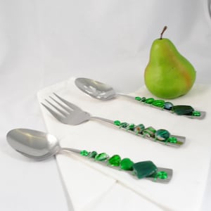 3-Piece Beaded Serving Utensils – Green Glass Hostess Set: Serving Spoon, Slotted Spoon & Fork